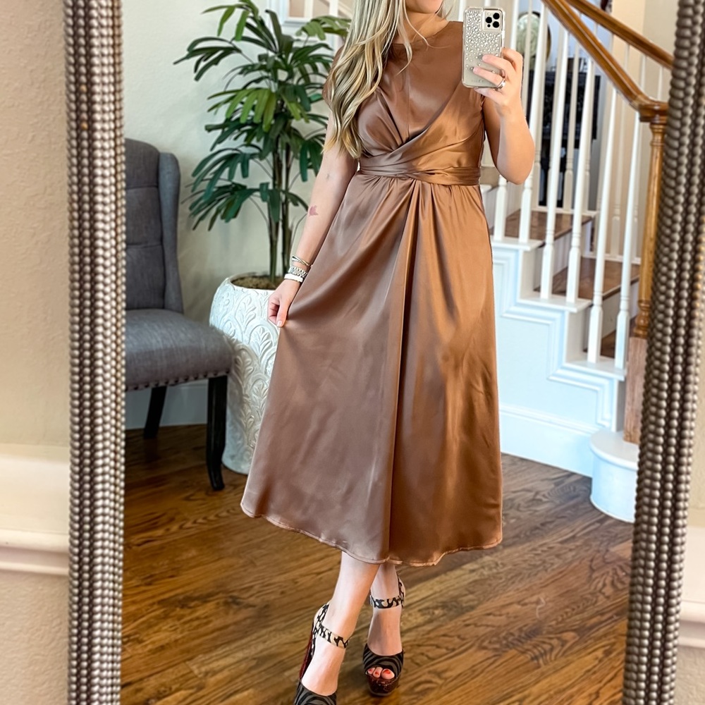 Taupe Satin Midi Dress- Sz Small- Wedding Guest, Bridal Shower, Easter, Neutral